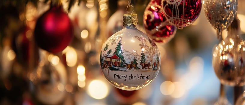 A festive ornament with a winter scene and the text Merry Christmas hangs from a vibrant holiday tree adorned with lights and baubles.