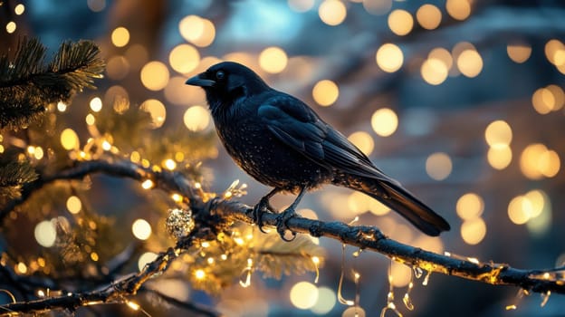 A crow sits elegantly on a branch surrounded by sparkling lights that create a magical atmosphere during the evening.