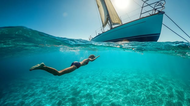 A woman freedives in clear blue waters near a sailboat, capturing the essence of freedom and adventure.