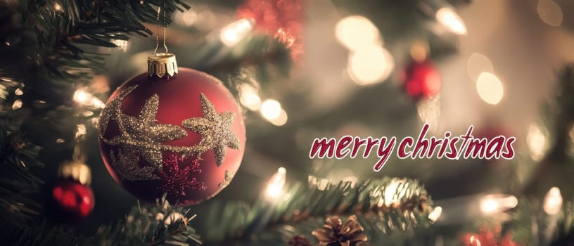 A decorative red ornament hangs on a Christmas tree illuminated by soft lights creating a festive holiday atmosphere.