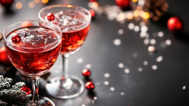 Two elegant cocktails with berries sit on a dark table decorated for the winter holidays surrounded by red ornaments and soft lights.