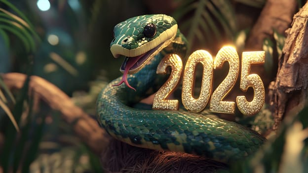 A vibrant green snake curls around golden numbers representing the year 2025 amidst lush foliage, celebrating the New Year.