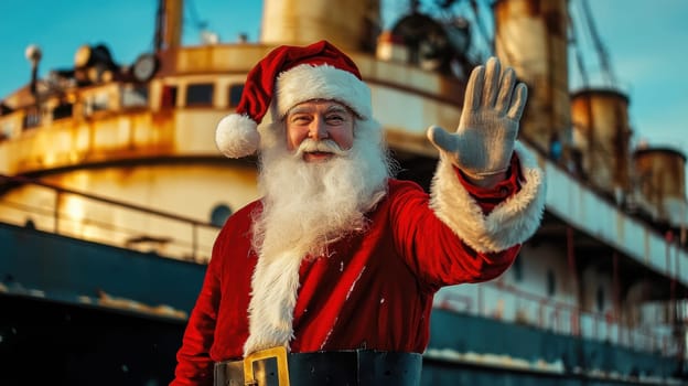 Santa Claus greets onlookers with a smile while standing by an old ship during a beautiful sunset near the harbor.