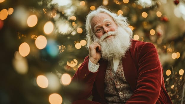A joyful man dressed in a red suit sits close to a beautifully lit Christmas tree surrounded by colorful ornaments.