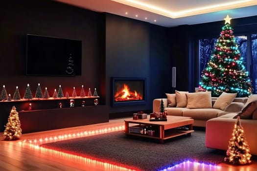 A beautifully decorated living room features a Christmas tree, twinkling lights, and a warm fireplace, creating a festive atmosphere.