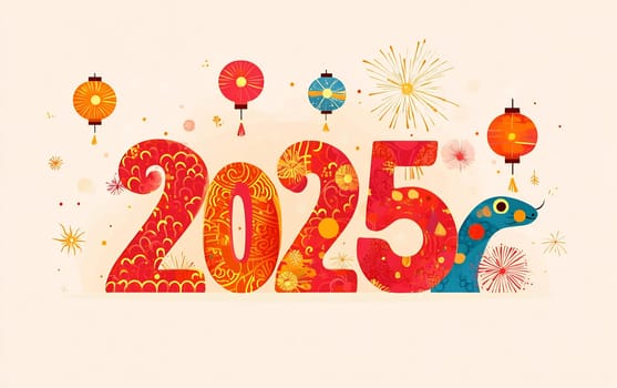 Festive artwork showcases vibrant designs, lanterns, and fireworks, welcoming the year 2025 with joy and celebration.