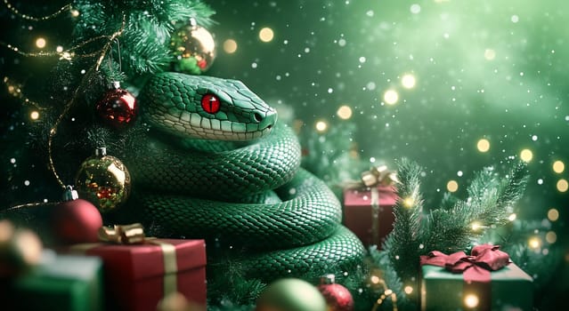 A green snake coils among festive holiday decorations, surrounded by twinkling lights, ornaments, and neatly wrapped gifts.