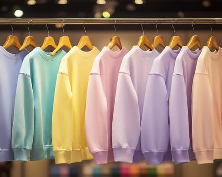 A row of pastel-colored sweatshirts hangs neatly on wooden hangers in a retail shop, showcasing a variety of soft hues.