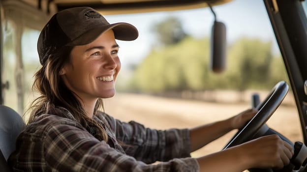 A cheerful female farmer drives a tractor through fields, her face lit with a bright smile under the sun.