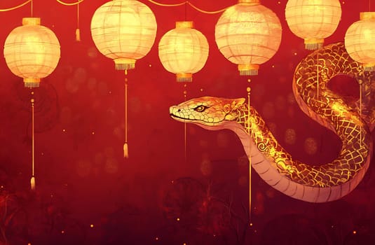 A golden snake weaves among glowing lanterns, creating a vibrant display of color for a celebration.
