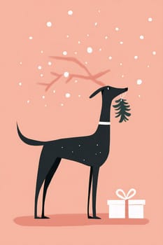 A black dog holds a pine cone in its mouth, standing beside a wrapped gift, against a pink background with falling snowflakes.
