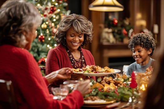 Family members share a joyful meal together, surrounded by festive decorations and a Christmas tree, creating warm holiday memories.