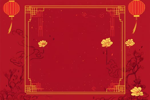 A vibrant red background featuring golden floral designs and lanterns, evoking festive celebrations and cultural themes.