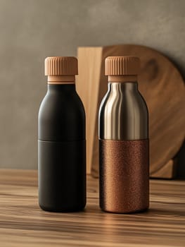 Two sleek water bottles, one matte black and one shiny metallic, sit on a wooden table against a neutral backdrop.