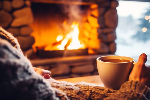 A person relaxes with a steaming cup in hand, cozying up next to a crackling fire in a rustic setting.