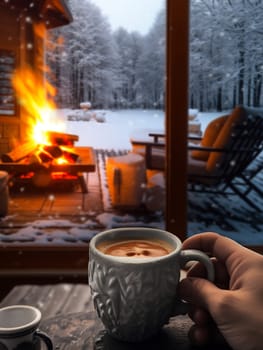 A hand holds a warm cup of coffee near a fireplace, with snow-covered trees visible outside the cabin.