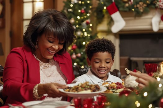 A mother and her young son share joy while enjoying a festive dinner, surrounded by holiday decorations and family warmth.