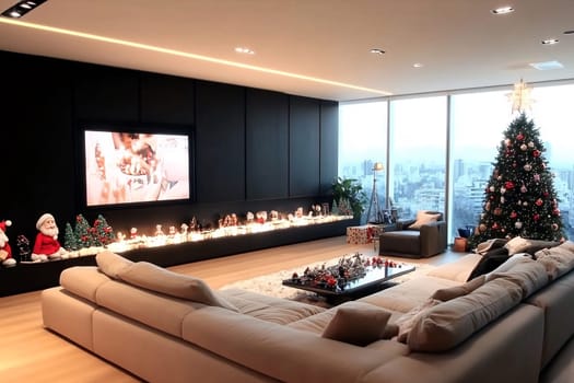 A beautifully decorated living room featuring a Christmas tree, festive decorations, and a cozy seating area with a view of the city.