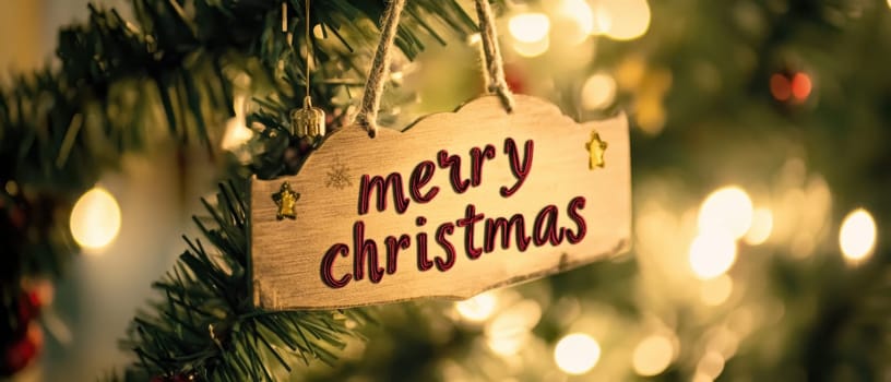 A cheerful wooden sign reading Merry Christmas hangs on a decorated tree surrounded by twinkling lights and ornaments.