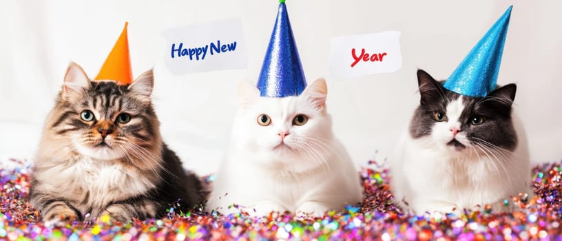 Three cats wear party hats while surrounded by colorful decorations celebrating the arrival of the New Year with joy and festivity.