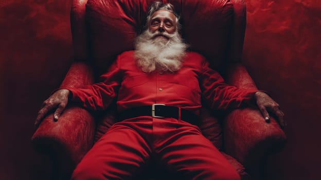 An elderly man dressed as Santa Claus relaxes in a plush red armchair embodying a festive holiday spirit and joy.
