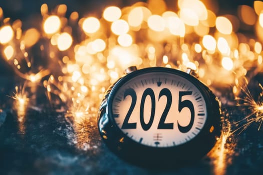 A stylish clock displays the year 2025 surrounded by bright sparks symbolizing celebration and the arrival of a new year.