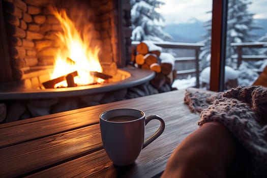 A warm cup of coffee rests on a wooden table next to a glowing fireplace, surrounded by snow-covered trees and mountains.