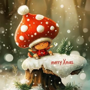 A cheerful mushroom character in a red hat celebrates Christmas with snow and decorations in a wintery forest setting.