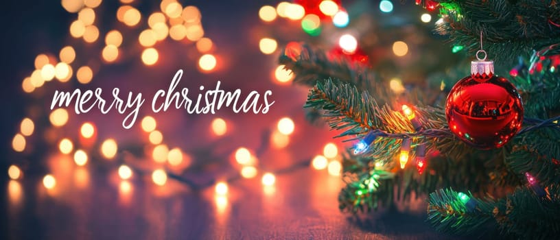 Colorful lights twinkle on a decorated Christmas tree with a red ornament and a cheerful greeting for the holiday season.