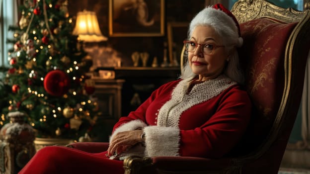 An elderly woman dressed in a vibrant holiday outfit sits comfortably in an ornate chair beside a beautifully decorated Christmas tree.