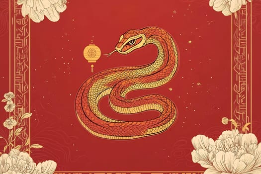 A detailed illustration of a coiled snake against a vibrant red backdrop, featuring floral elements and a lantern decoration.