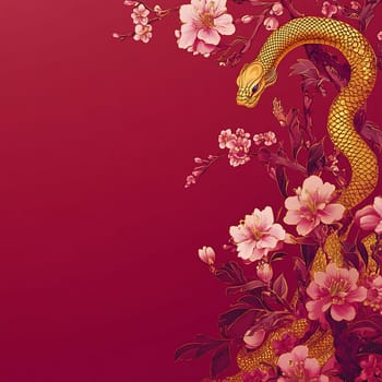A golden snake wraps around pink blossoms against a vibrant red backdrop, creating an eye-catching and intricate design.