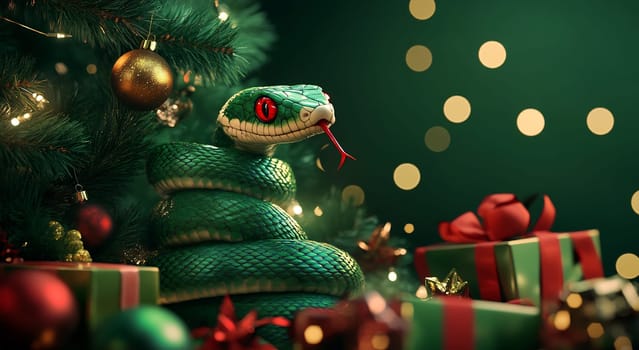 A green snake is coiled near colorful holiday gifts beneath a decorated Christmas tree, surrounded by twinkling lights.