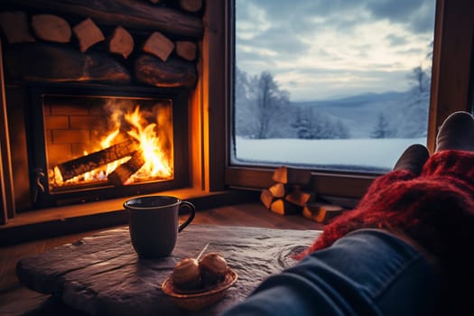 A person relaxes by the fireplace, enjoying a warm drink and treat while gazing at snowy outdoors during dusk.
