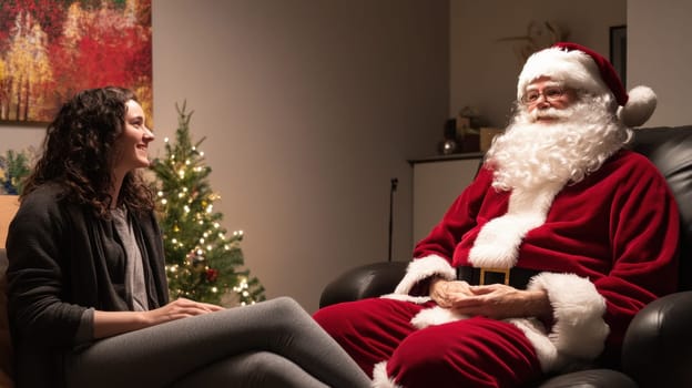 A woman joyfully communicates her Christmas wishes to Santa Claus in a cozy room adorned with festive decor.