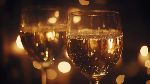 Two glasses of sparkling champagne are filled and ready for toasts during an evening celebration with soft lighting.