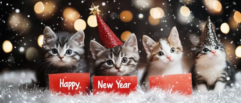 Four playful kittens wear party hats surrounded by festive decorations joyfully welcoming the New Year with cheerful expressions.