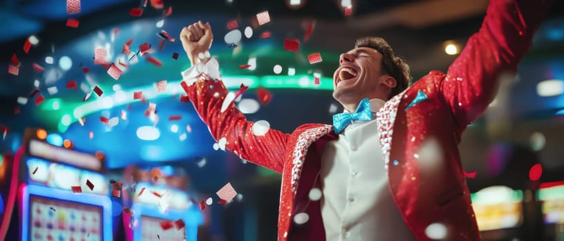 A jubilant man in a sparkly suit celebrates his triumph in a lively casino surrounded by colorful confetti and bright lights.