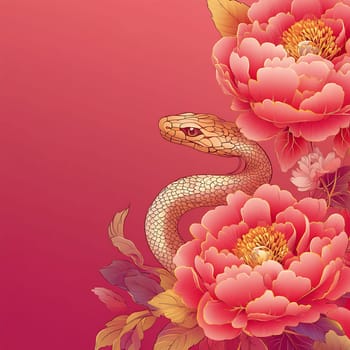A graceful serpent entwined among blossoming peonies, showcasing a blend of nature's beauty in vivid colors and delicate details.