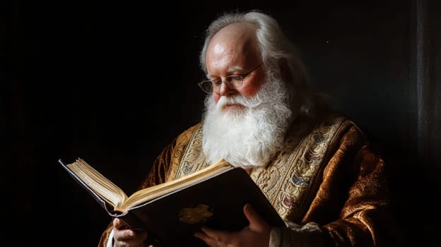 An elderly man with a long white beard reads an ancient book while bathed in soft warm light creating a serene atmosphere.