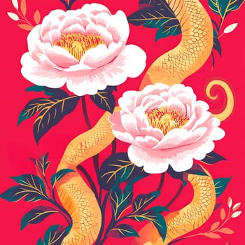 Vibrant pink peonies are beautifully intertwined with a golden dragon against a striking red background, symbolizing harmony and balance.