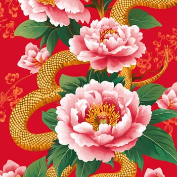 A vibrant pattern featuring large pink flowers and a golden dragon amidst lush green leaves, set against a bold red background.