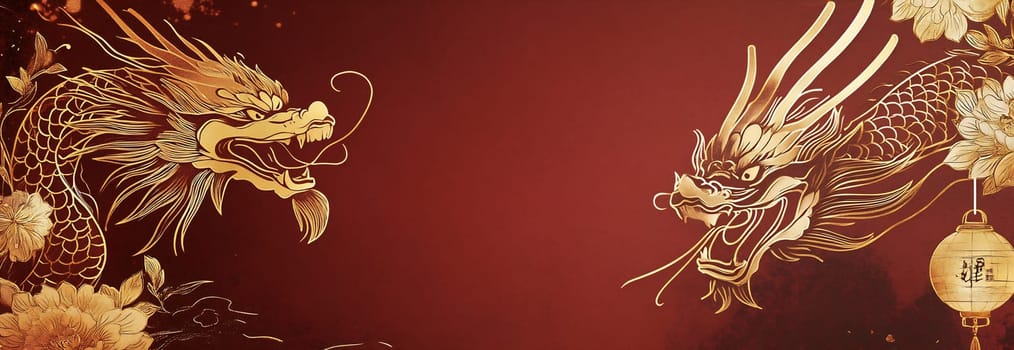 Two vibrant dragon illustrations adorn a decorative backdrop, perfect for a cultural festival or celebration, with floral accents.