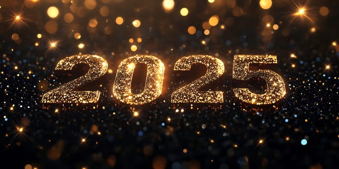 Bright golden numbers 2025 shine amidst a backdrop of shimmering lights and sparkling particles, marking the New Year celebration.