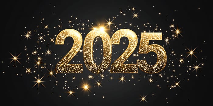 Sparkling golden digits represent the year 2025 amidst a magical display of stars and light, perfect for New Year celebrations.