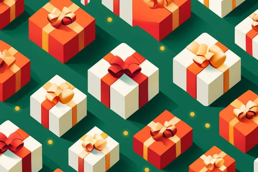 A variety of beautifully wrapped gift boxes with ribbons lie neatly on a green background, celebrating a festive atmosphere.