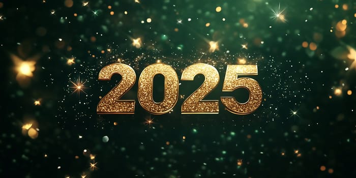 The golden numbers for 2025 shine against a sparkling green background, symbolizing celebration and new beginnings.