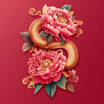 A dragon intertwines with blooming peonies against a vibrant red backdrop, symbolizing strength and beauty in harmony.