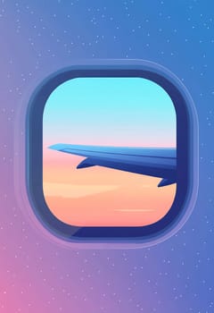 The airplane wing juts out over a colorful sky at dusk, showcasing hues of pink and blue as the sun sets on the horizon.