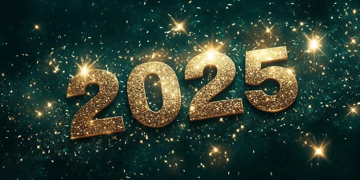 Golden numbers representing 2025 shine brightly against a sparkling dark background, symbolizing New Year's celebrations and festivities.